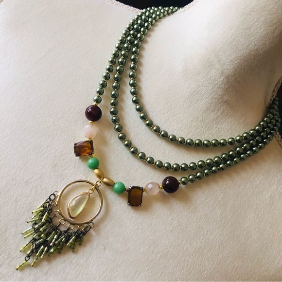 Handcrafted repurpose opal fringe Czech glass Pearl fancy toggle clasp necklace